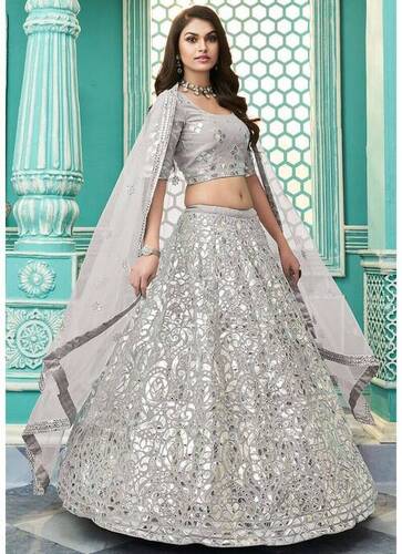 Indian Ladies Short Sleeves Embroidery Lehenga With Dupatta For Party Wear