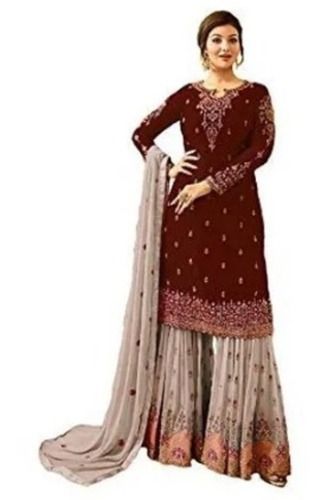 Multi Party Wear Round Neck Full Sleeves Embroidered Georgette Sharara Suit 