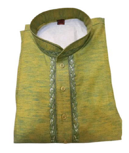 Green Plain Pattern Full Sleeves Jacquard Silk Designer Kurta For Mens