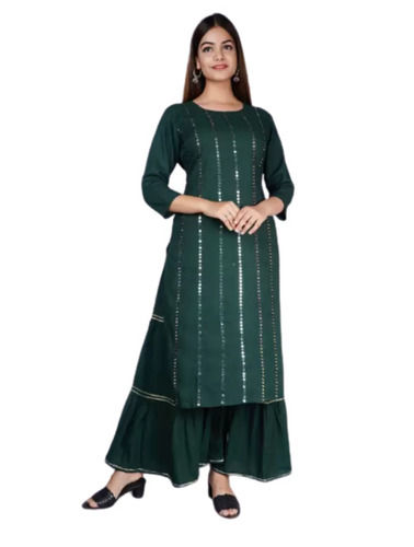 Green Round Neck 3/4Th Sleeves Party Wear Printed Rayon Kurta Set For Ladies