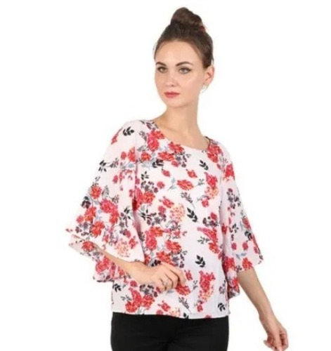 Casual Wear Round Neck 3/4 Sleeves Floral Printed Crepe Top For Women