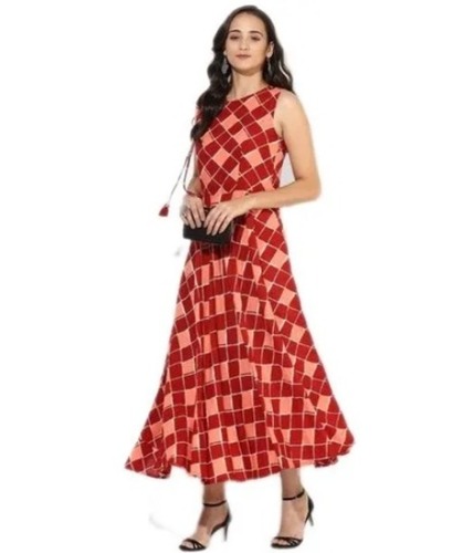 Casual Wear Round Neck Sleeveless Printed Rayon Gown For Women Bust Size: 36 Inch (In)