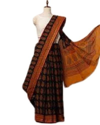 Summer Ladies Casual Wear Brown With Black Printed Cotton Saree