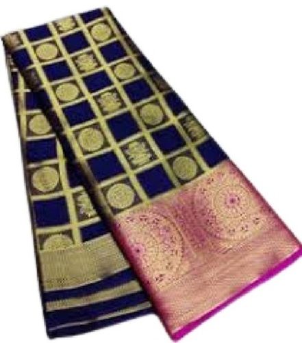 Ladies Traditional Wear Navy Blue With Pink Printed Cotton Silk Saree