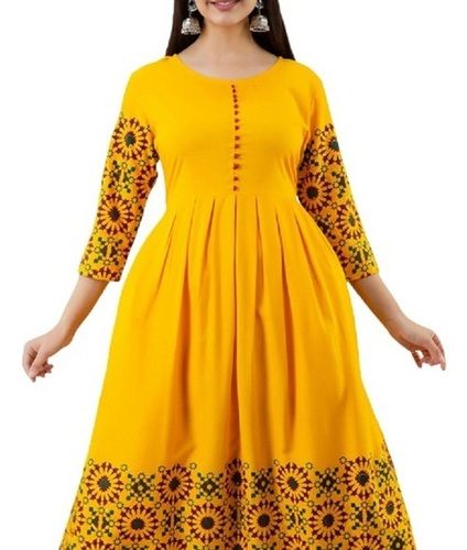 Printed Yellow Casual Wear Cotton Fancy Kurti Decoration Material: Laces