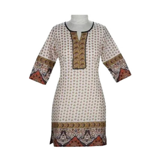 Multicolor Round Neck And 3/4Th Sleeves Casual Wear Printed Cotton Kurti For Ladies