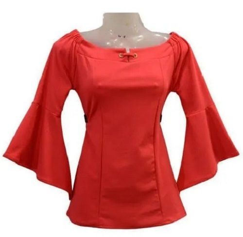 Red Round Neck And Full Sleeves Casual Wear Plain Nylon Top For Ladies