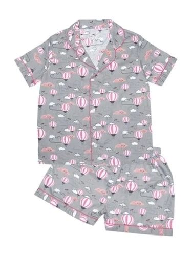 Multicolor Short Sleeves Button Closure Printed Shirt And Shorts Set Cotton Nightwear For Girls