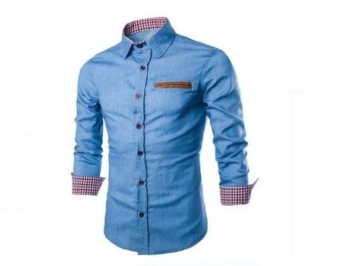 Full Sleeves Plain Blue Cotton Causal Shirt For Mens Chest Size: Na