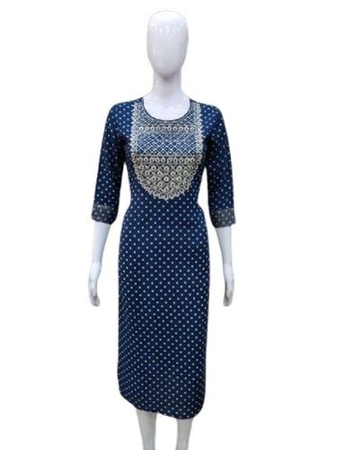 Blue Ladies Printed 3-4Th Sleeve Casual Wear Cotton Fancy Kurti