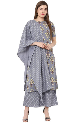 Gray Ladies Short Sleeves Party Wear Cotton Designer Kurta With Palazzo And Dupatta