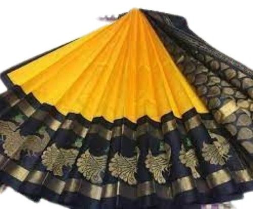 Yellow With Black Ladies Summer Season Comfortable Traditional Wear Designer Cotton Saree