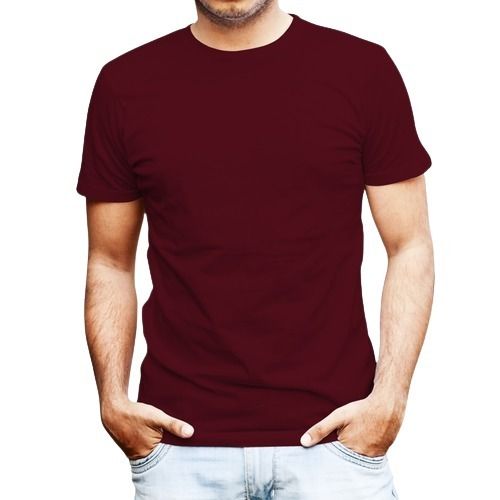 Men Breathable Plain Short Sleeves Brown Round Neck Cotton T Shirt