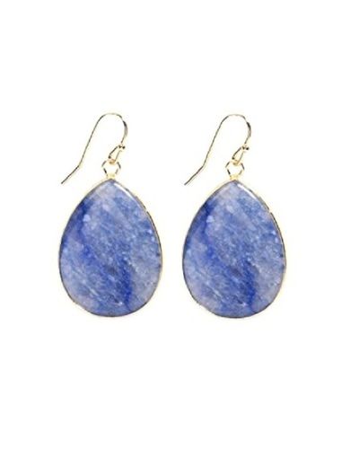 Amber Plain Blue With Golden Oval Shape Agate Earrings