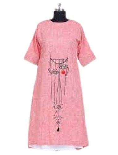 Ladies Printed Short Sleeve Casual Wear Pink Cotton Kurti Decoration Material: Laces