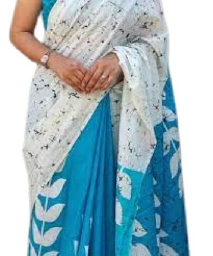 Sky Blue And White Printed Cotton Saree