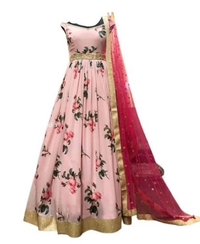 Washable Sleeveless Soft Silk Floral Printed Party Wear Gown