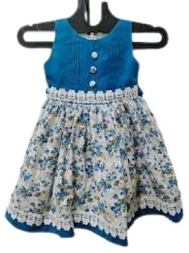 White With Sky Blue Kids Beautiful Comfortable Soft Printed Sleeveless Breathable Cotton Frock