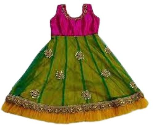 Green With Pink Kids Comfortable Beautiful Stylish Sleeveless Breathable Traditional Silk Frock