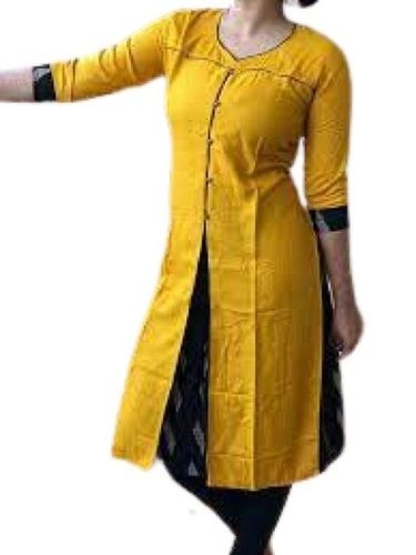 Washable Ladies 3/4Th Sleeves Yellow With Black Plain Front Cut Style Cotton Designer Kurtis