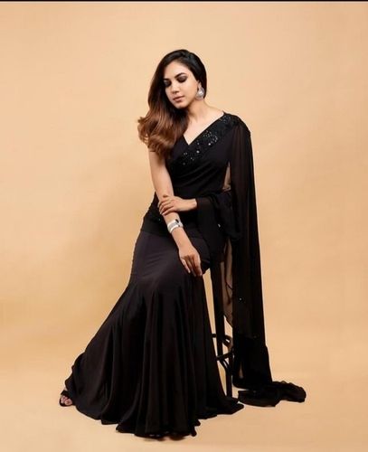 Ladies Black Designer Cotton Saree With Blouse Piece For Party Wear