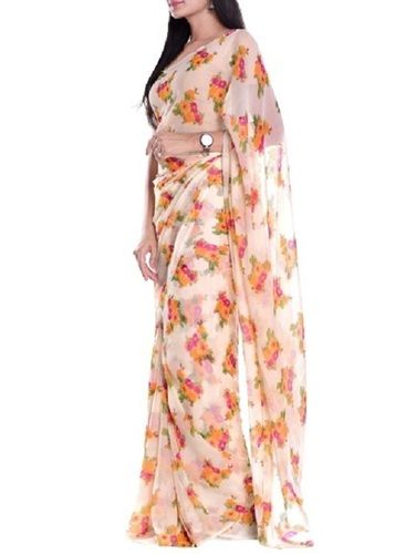 Ladies Daily Wear Floral Printed White With Orange Chiffon Saree