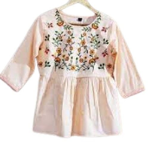 Peach Ladies Embroidered 3/4Th Sleeve Casual Wear Fancy Designer Tops