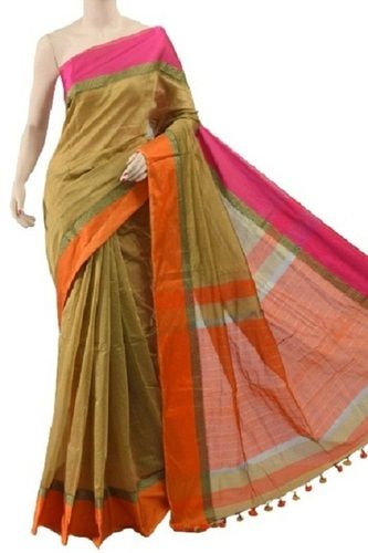 Summer Ladies Plain Golden Yellow With Contrast Border Casual Wear Cotton Sarees