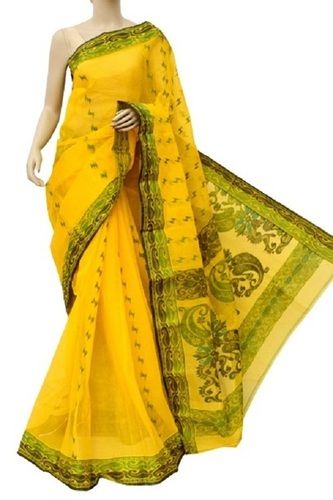 Rainy Ladies Yellow With Green Border Printed Casual Wear Handloom Cotton Saree