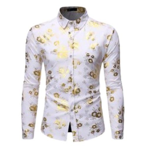  पुरुषों का सफेद रंग गोल्डन प्रिंट के साथ फुल स्लीव कैज़ुअल कॉटन शर्ट 