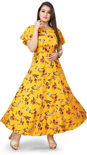 Sleeveless And Floral Print Based Ladies Gown