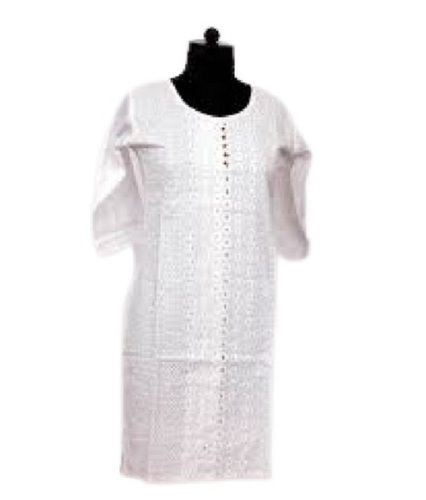 No Fade Ladies White 3/4 Sleeve Casual Wear Cotton Chikan Kurtis