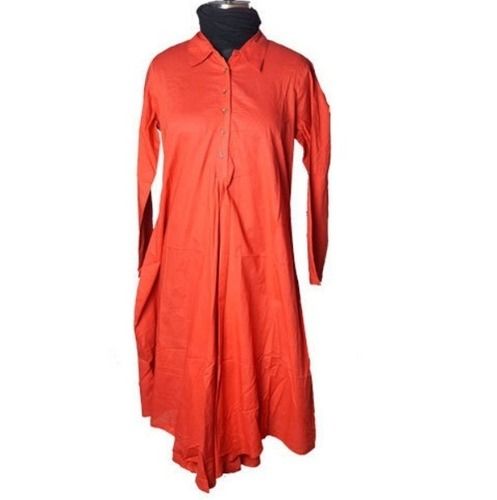 Orange Long Sleeves Daily Wear Plain Soft Cotton Kurti With Button Closure