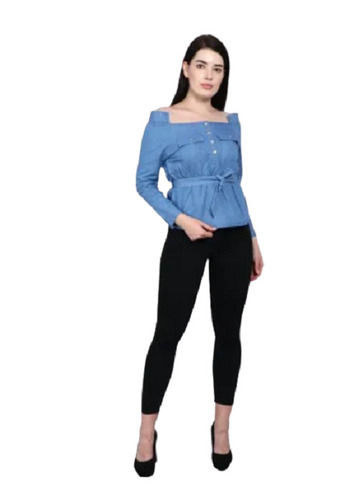 Blue Modern Full Sleeves Regular Fit Plain Cotton Casual Top For Ladies