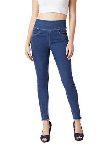 महिलाओं के लिए डार्क ब्लू स्ट्रेचेबल स्किनी फिट कॉटन और पॉलिएस्टर जेगिंग