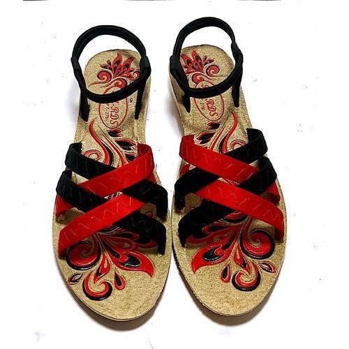 Multicolor Stylish Comfortable Low Heal Elastic Type Printed Pu Sandals For Ladies