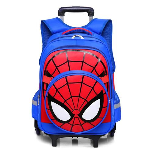 Blue Two Wheeler Trolley Printed Backpack Bags For School Use