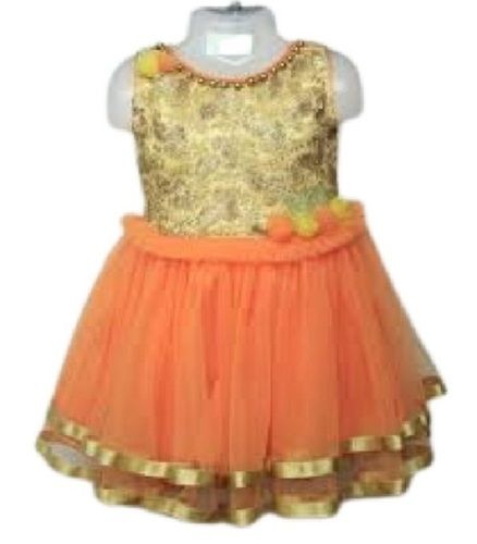 Kids Orange With Golden Round Neck Sleeveless Embroidered Breathable Designer Frock