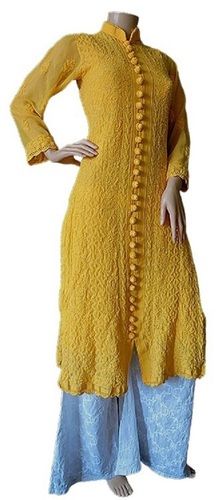 Ladies Full Sleeve Casual Wear Modern Yellow Chikan Kurtis