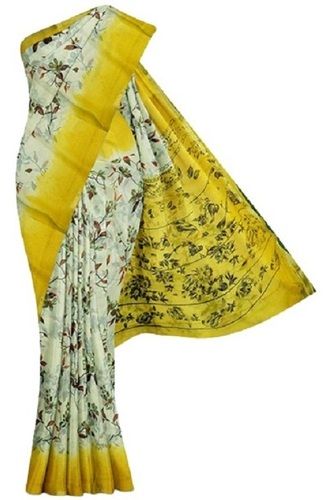 Light Green With Yellow Ladies Printed Formal Wear Summer And Rainy Beautiful Season Chiffon Saree