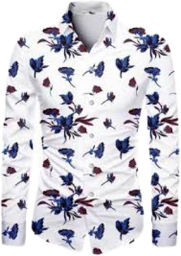 Mens Breathable Printed Blue With White Full Sleeve Cotton Shirt Collar Style: Classic