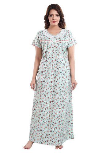 Round Neck Short Sleeves Printed Pattern Ladies Cotton Nighty