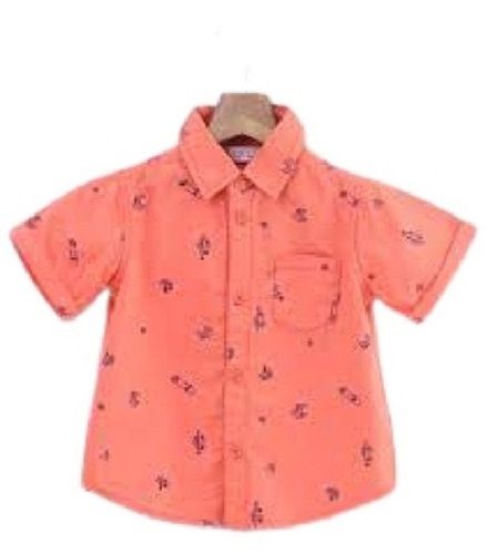 Orange Printed Front Single Pocket Short Sleeves Casual Wear Cotton Shirt For Boy Collar Style: Straight