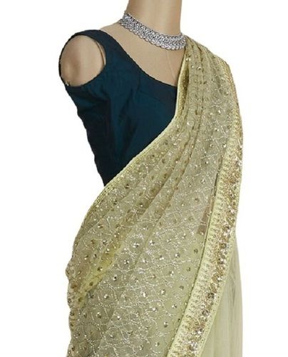 Summer Ladies Off White Embroidered Party Wear Designer Cotton Silk Saree With Green Blouse