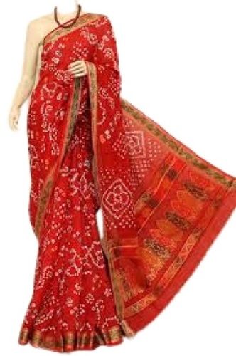 Red Printed Pattern Casual Wear Printed Bandhani Silk Saree For Ladies