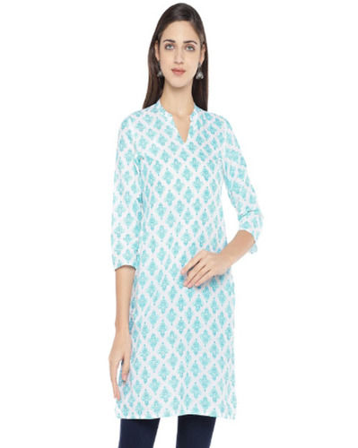 Light Blue And White Regular Fit 3/4 Sleeves Casual Unfadable Printed Cotton Kurti 