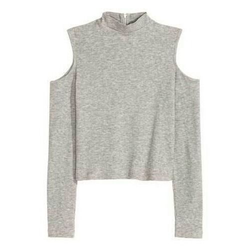 Grey 25 Inch Long Plain Full Sleeves Breathable Casual Cotton Cold Shoulder Top