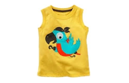 Boys Round Neck Sleeveless Yellow Printed Cotton Baby T Shirts  Size: Small