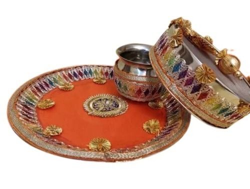 Multicolor Decorative Stainless Steel Pooja Thali Set For Karwachauth