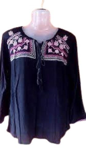 Summer Ladies Navy Blue With Pink Embroidered Long Sleeve Cotton Tops